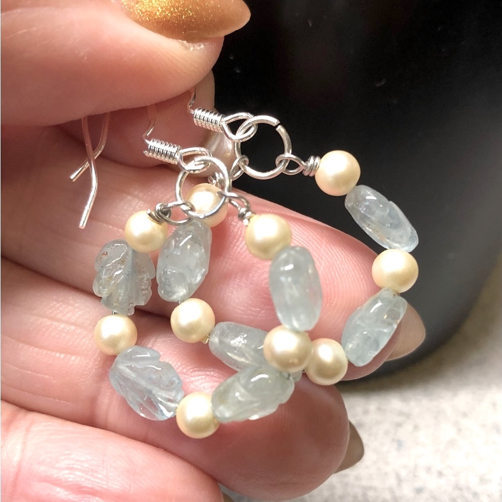 Genuine aquamarine and sterling silver hoops